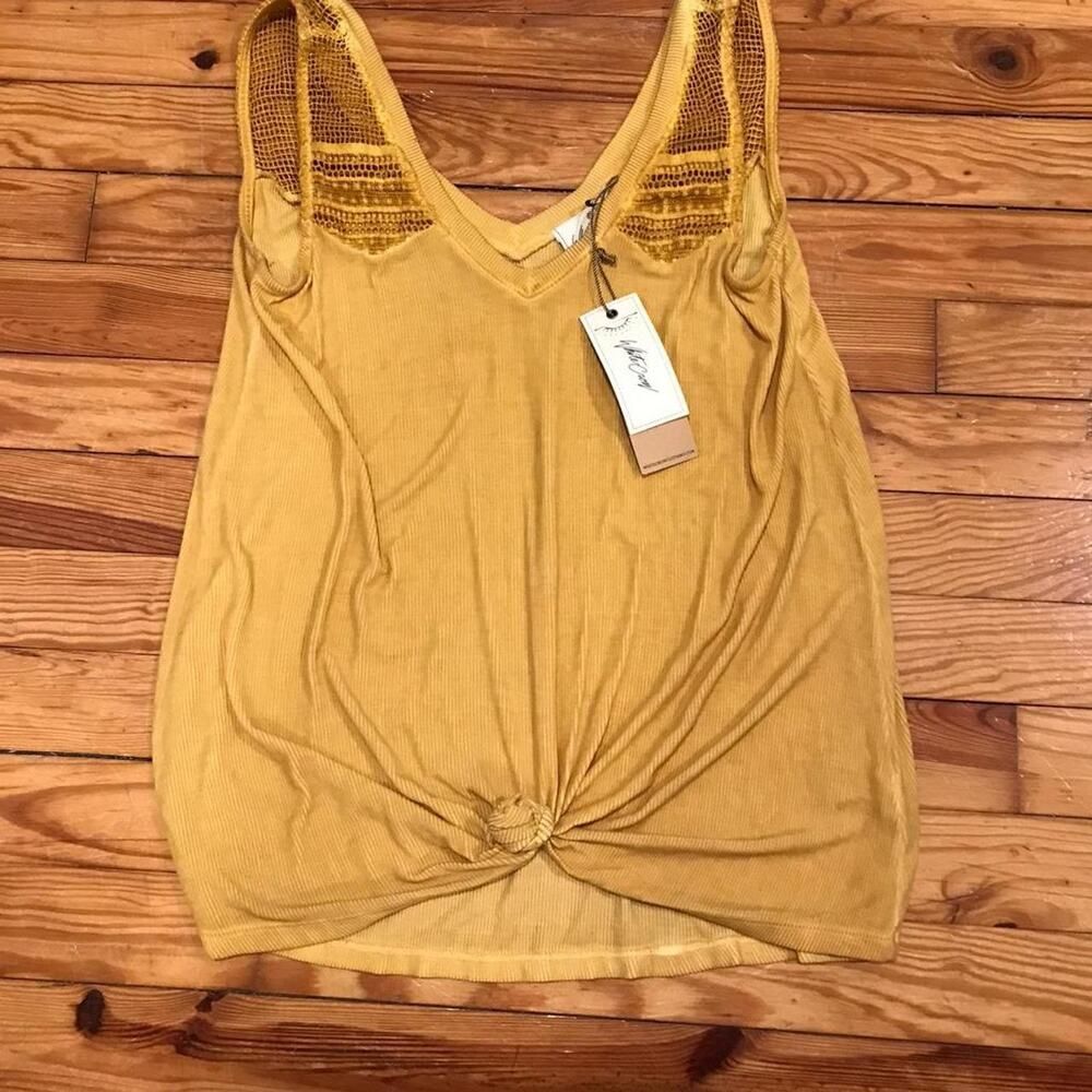 Mustard Yellow Knit Tank Top Knotted Front Crochet Boho White Crow Tank NWT! - Picture 2 of 8